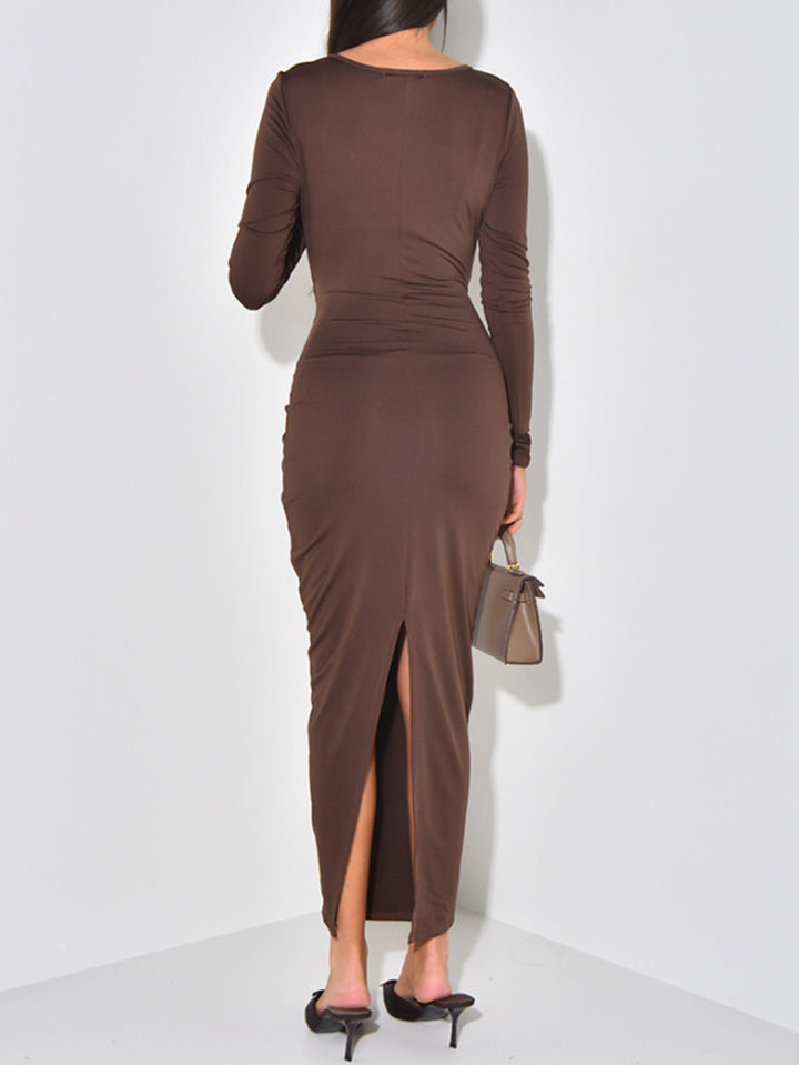 Brown Full Sleeve Front Wrap Dress
