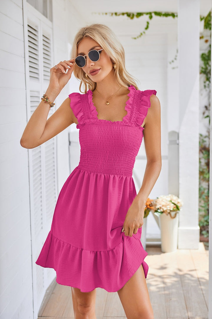 Magenta Ruffled Sleeves Tiered Solid Dress