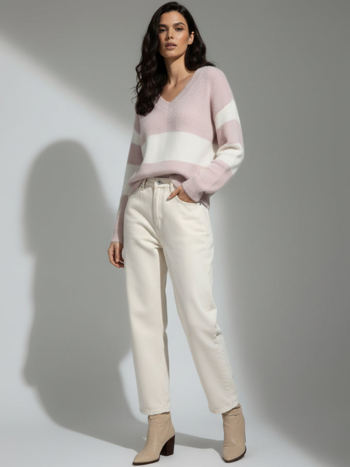 Pink Full Sleeve V Neck Striped Sweater