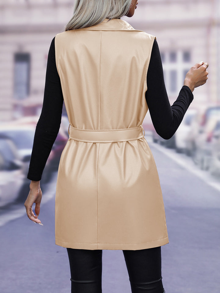 Cream Longline Sleeveless Aviator Jacket With Belt