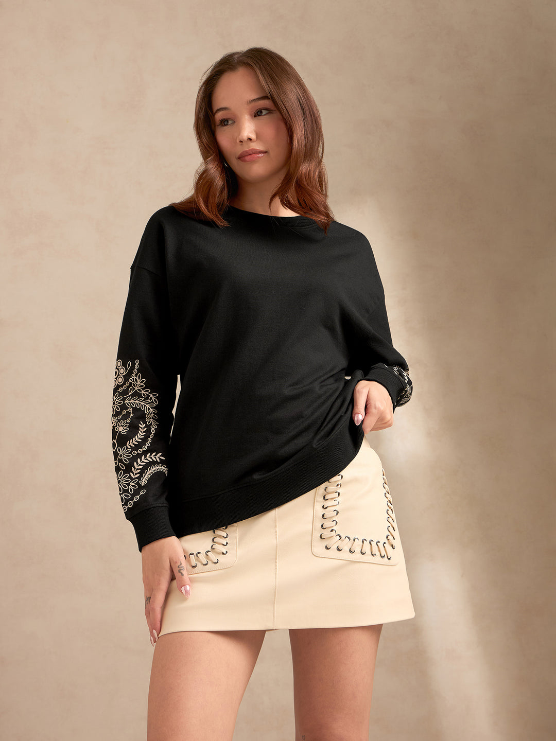 Black Sweatshirt with Textured Placement Sleeves