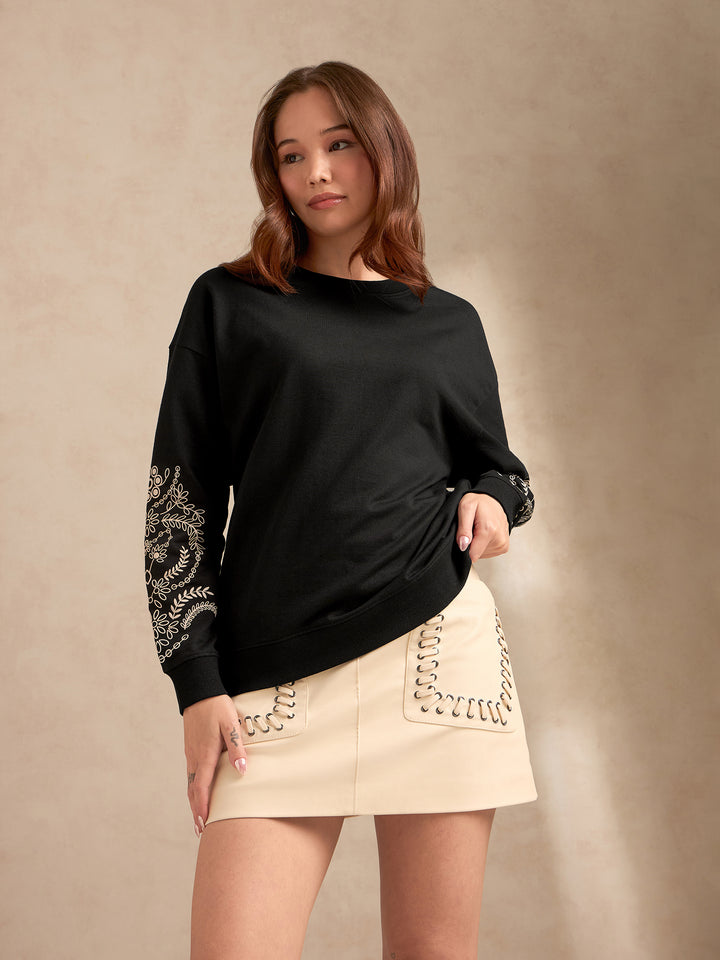 Black Sweatshirt with Textured Placement Sleeves