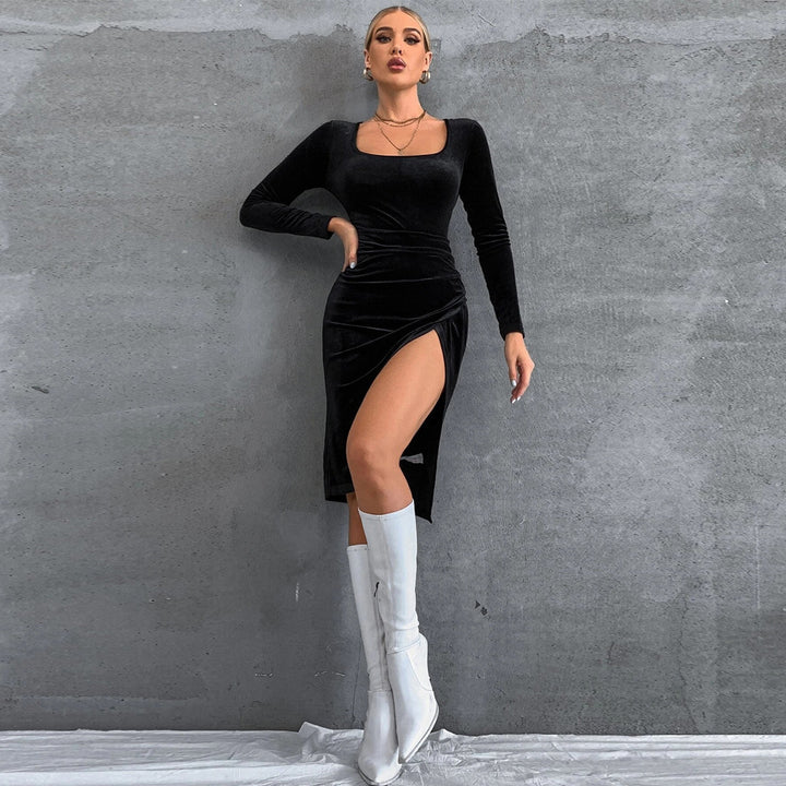 Black Full Sleeved Square Neck Bodycon Dress