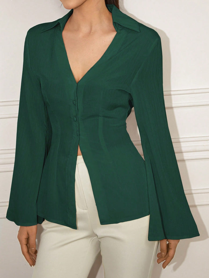 Green V-Neck Long Sleeve Shirt