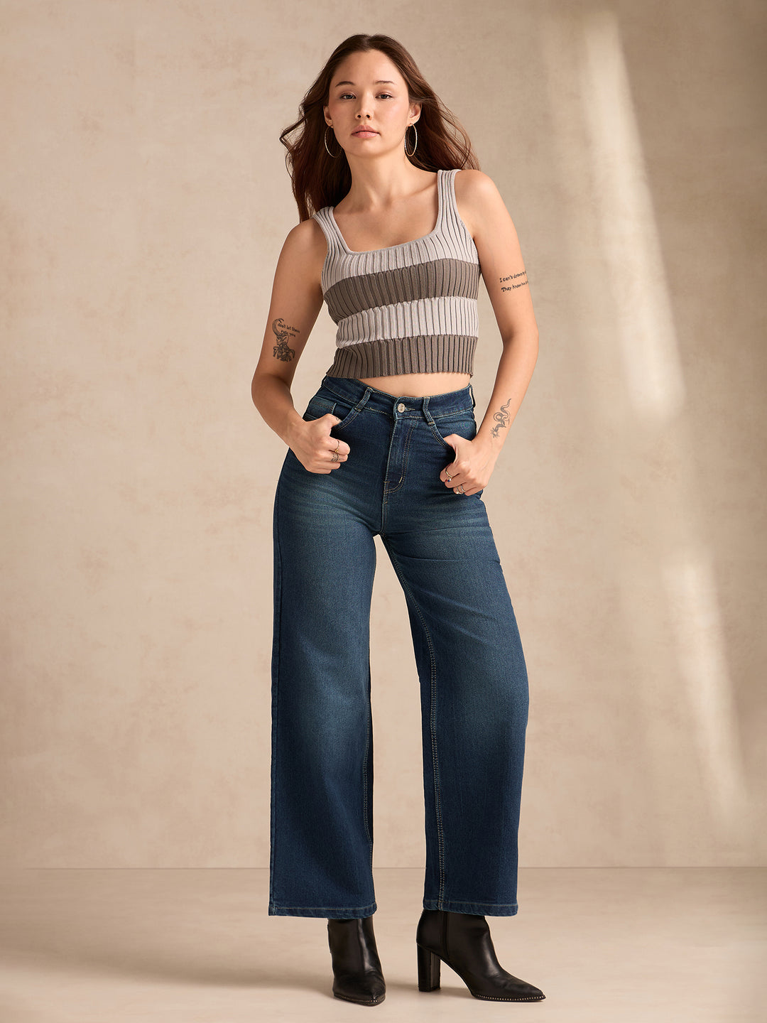 Blue Jean Flared High-Rise Low Distress Heavy Fade Stretchable Jeans