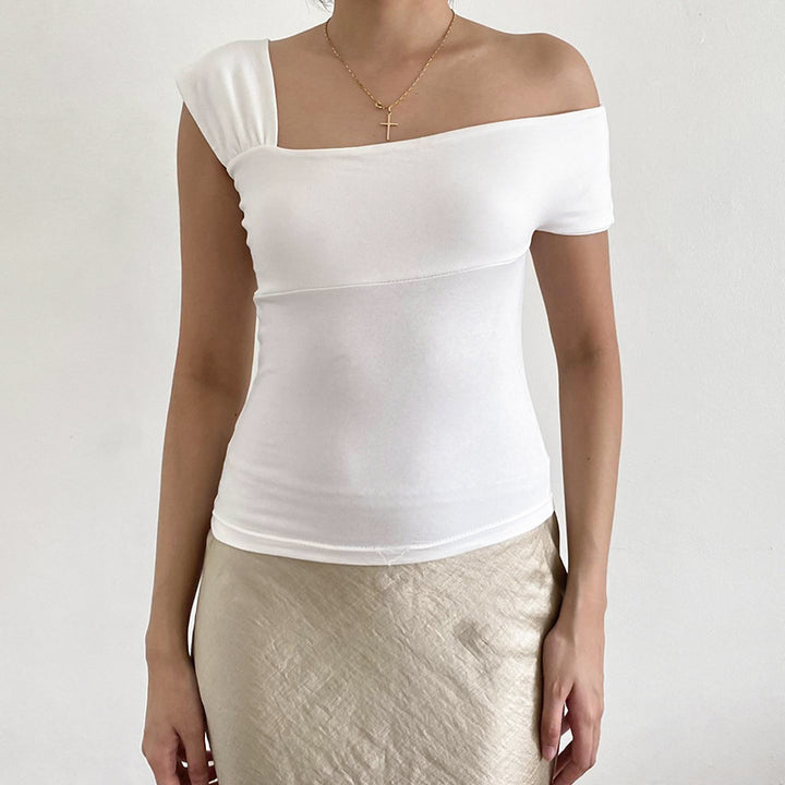 White Asymmetrical Wrapped Neckline Fitted Top