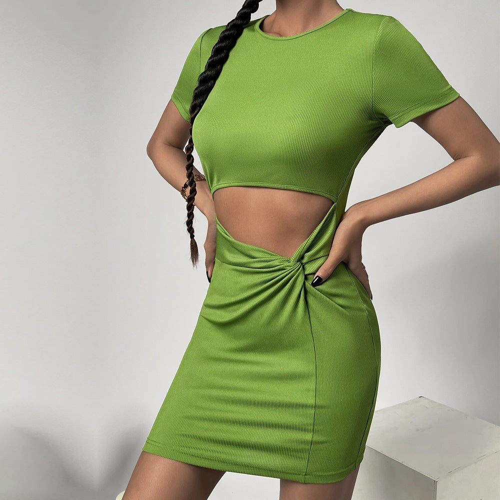 Green Short Sleeve Front Cut-Out Dress
