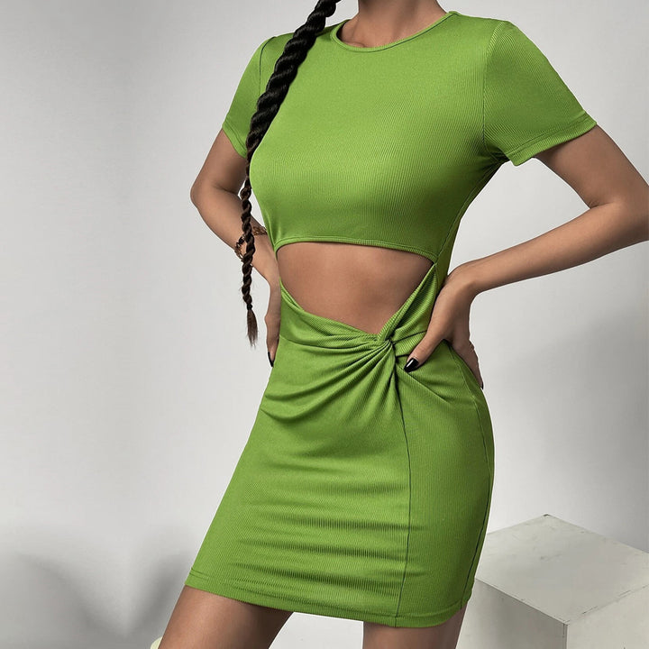 Green Short Sleeve Front Cut-Out Dress