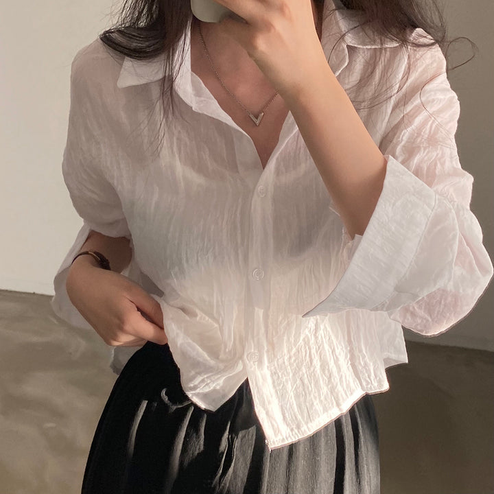 White Textured Solid Sheer Shirt