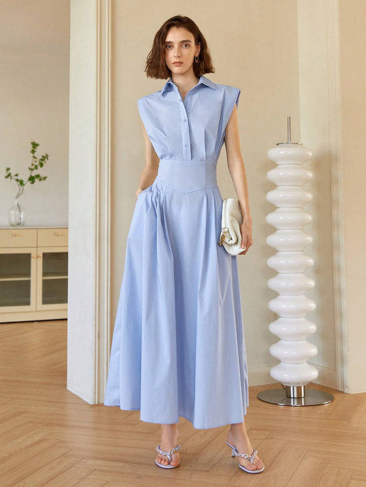 Blue Front Button Shirt Style Sleeveless Dress