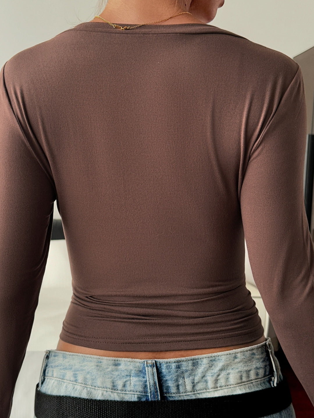 Brown Deep V Neck Fitted Solid Top