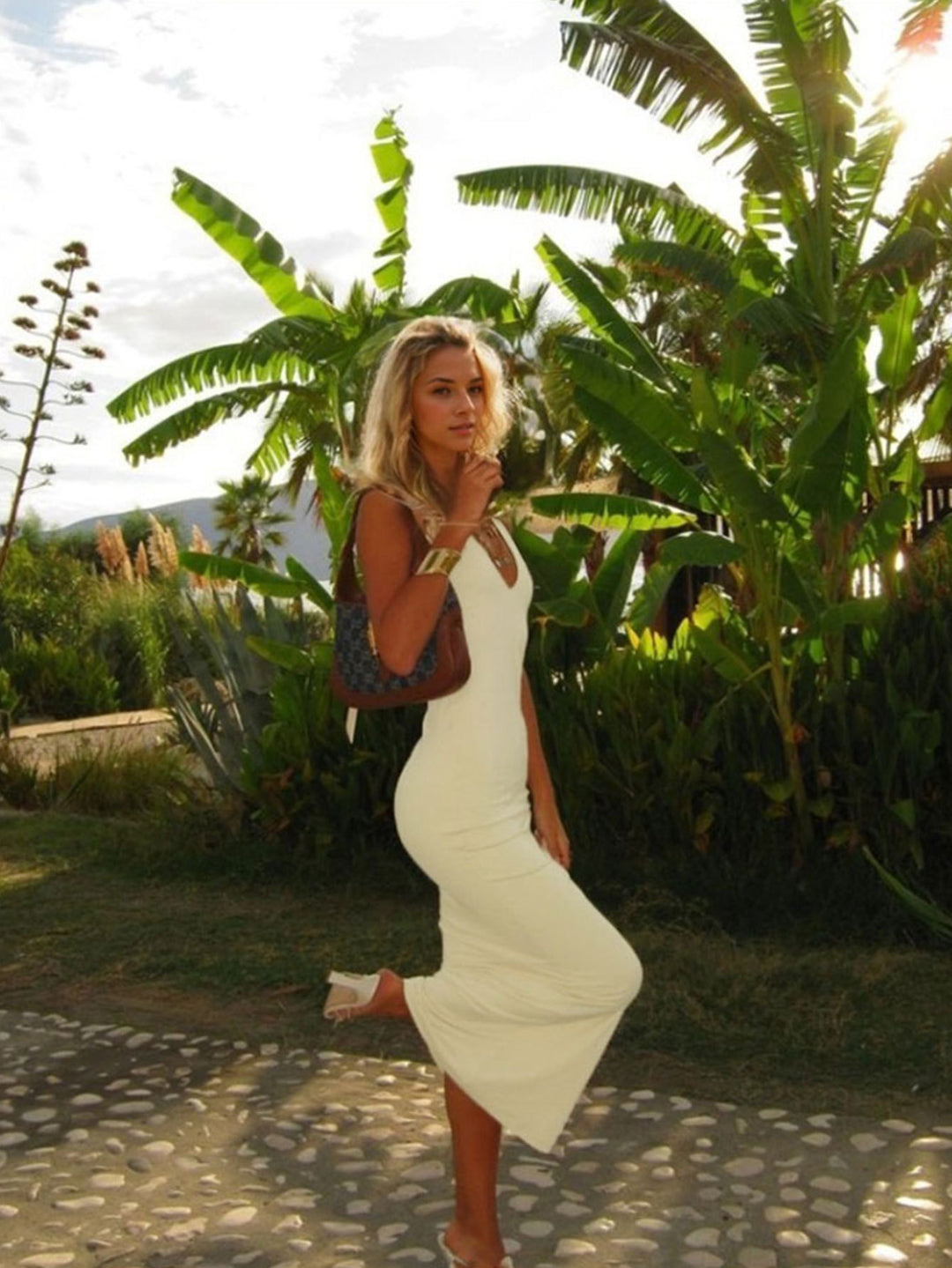 Cream Halter Plunging  Neck Dress