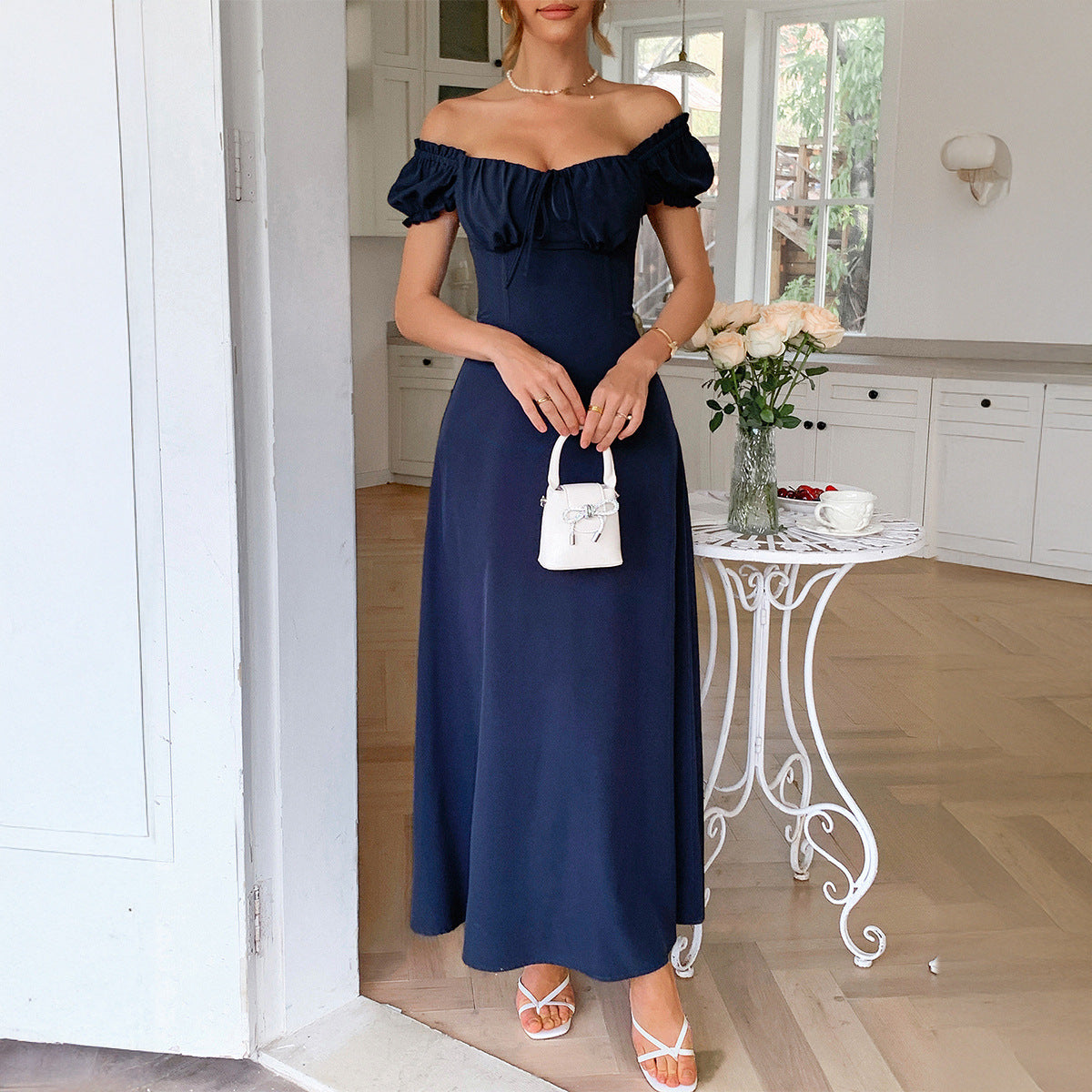 Navy Blue Off-Shoulder Fit & Flare Bustier Dress
