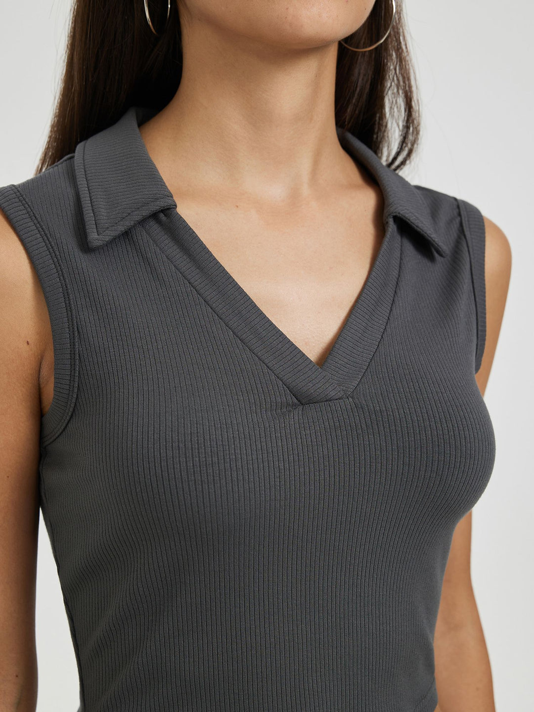 Grey Collar V Neck Crop Top