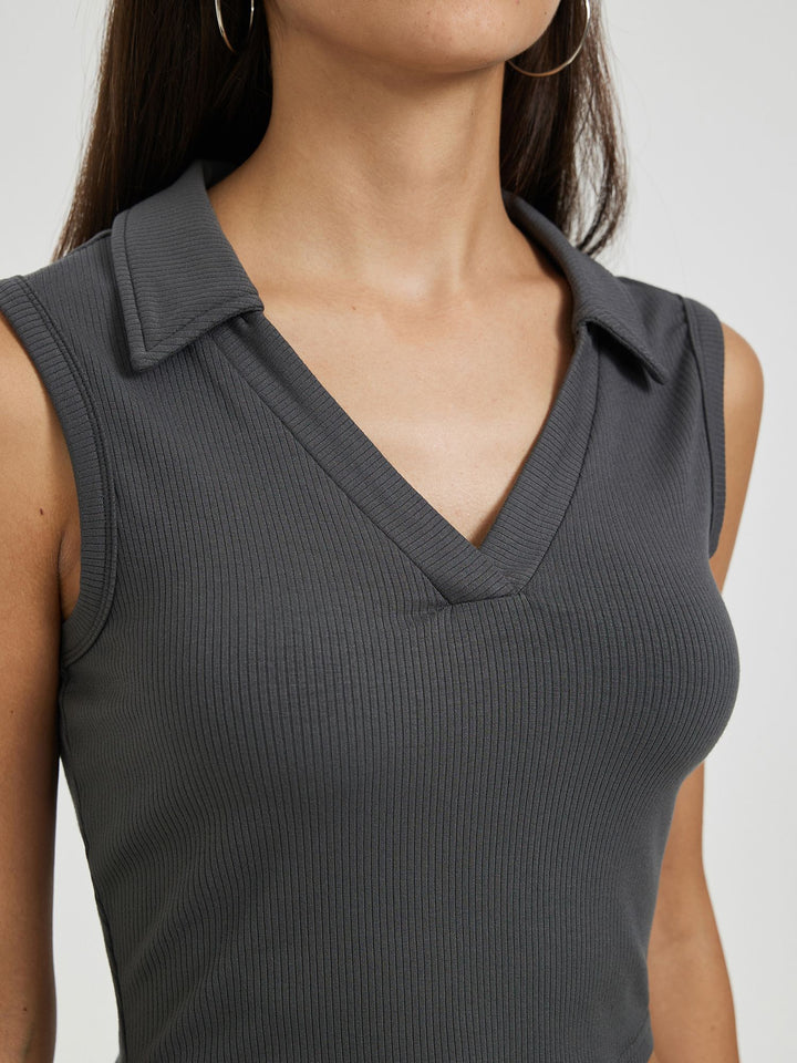 Grey Collar V Neck Crop Top