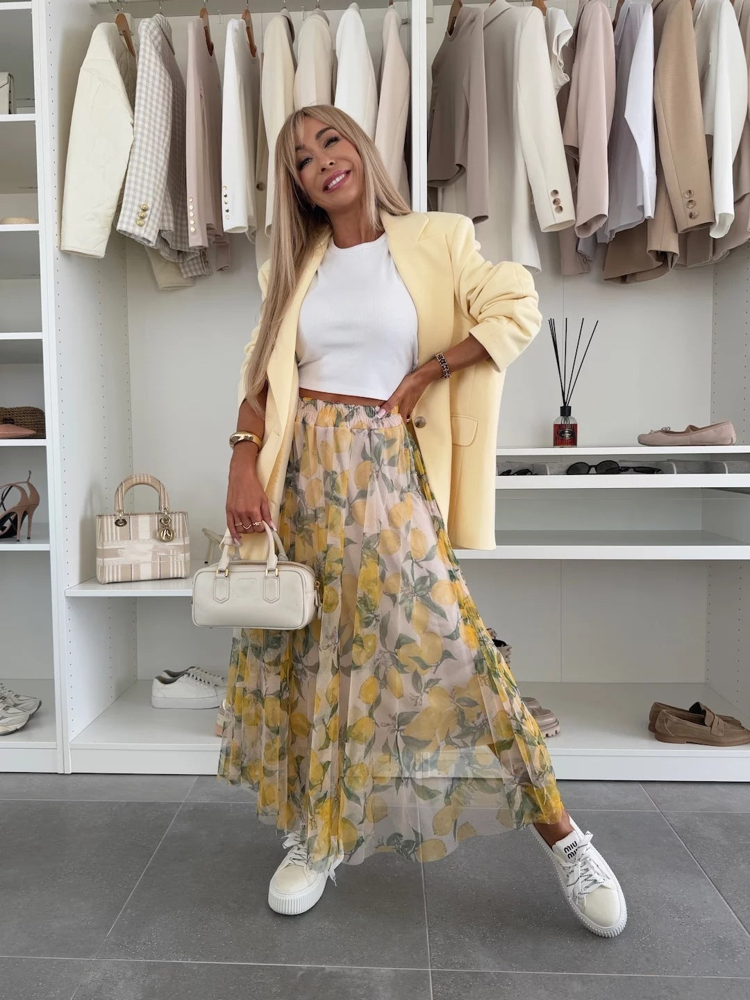 Yellow Printed Pleated Flowy Skirt