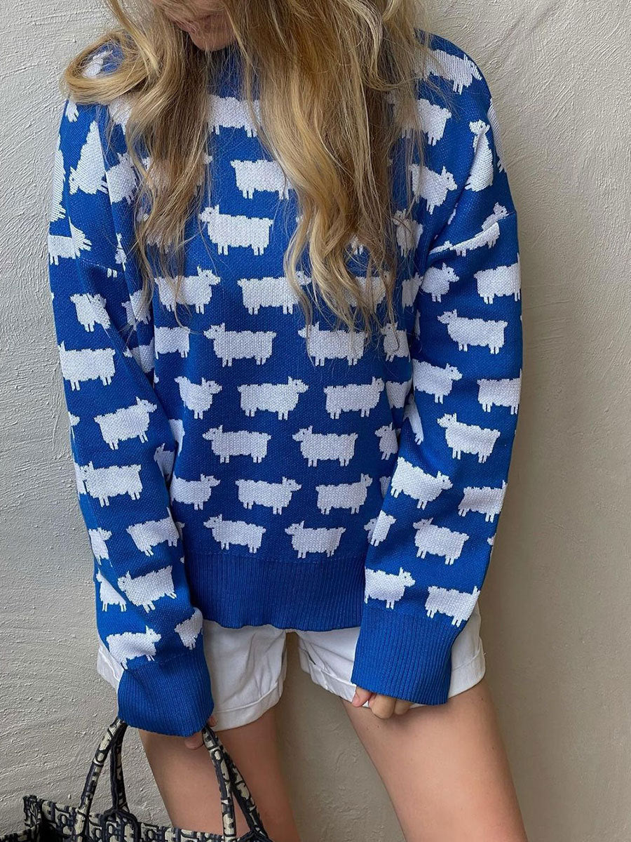 Blue Printed Relaxed Sweater