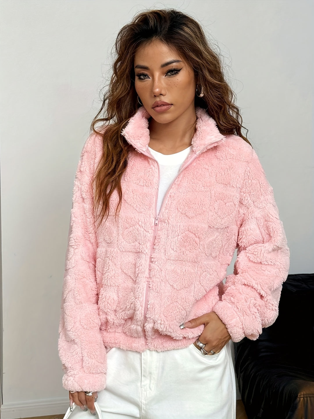 Pink Full Sleeve Fur Jacket