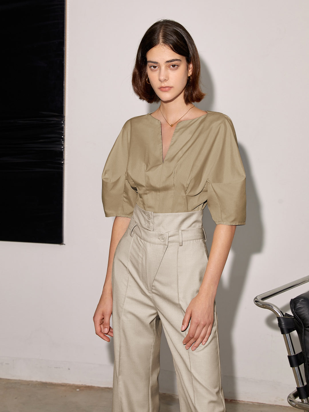 Cream High Waist Side Button Pant