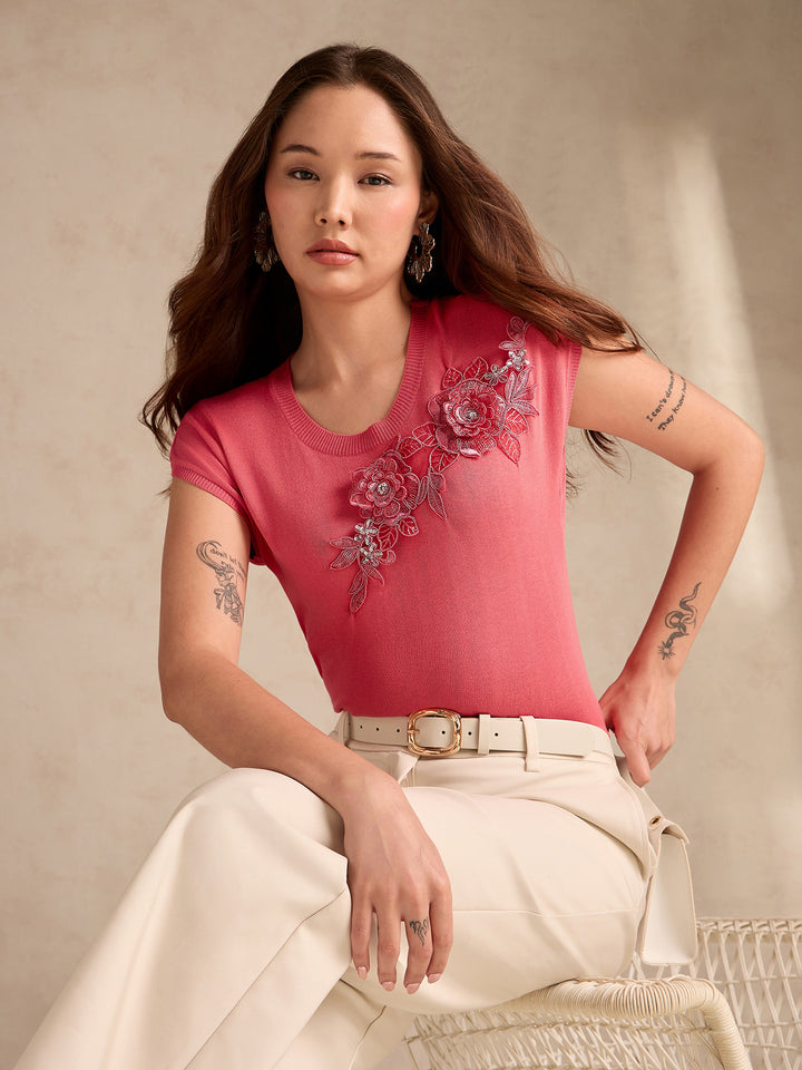 Pink Relaxed Knitted Embroidered Top