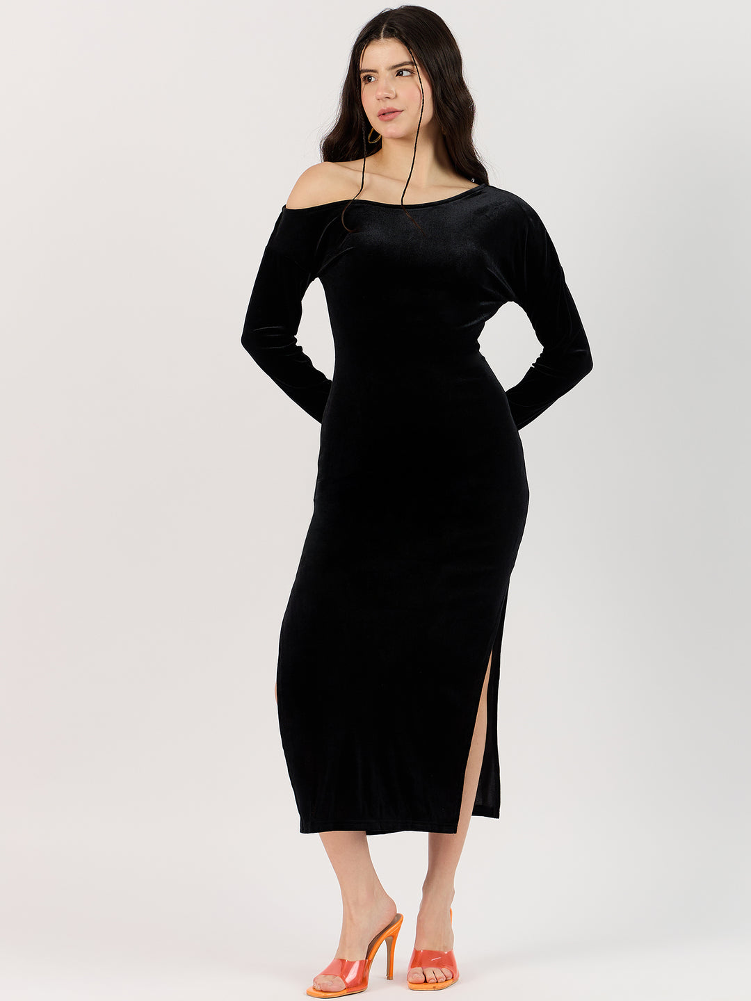 Off-Shoulder Slit Black Dress