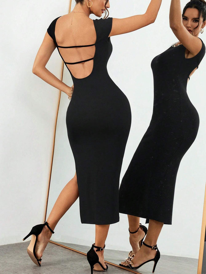 Black Deep Back Solid Slit Dress