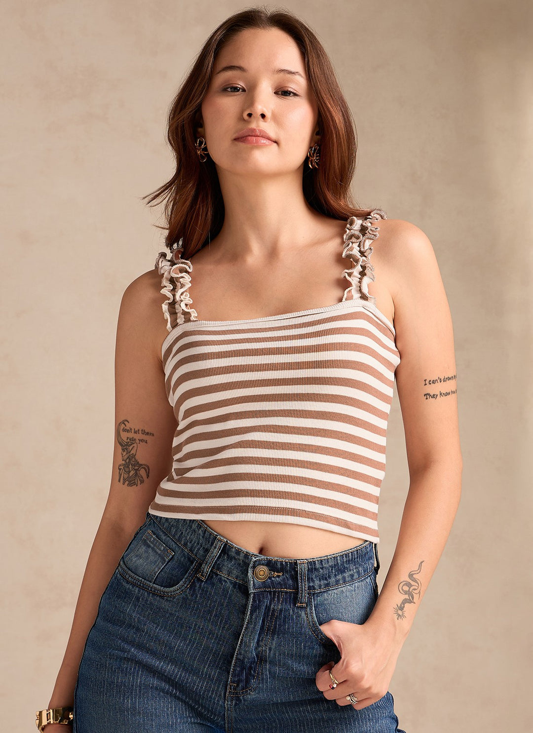 Brown Striped Rib Tank Top With Ruffle Straps