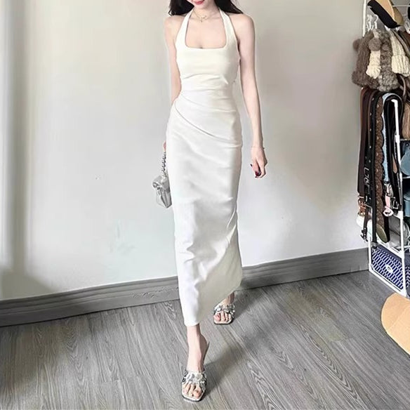 White Solid Fitted Halter Neck Dress