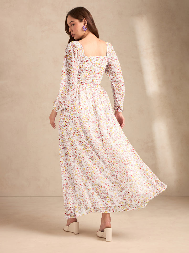 White Full Sleeves Printed Maxi Dress