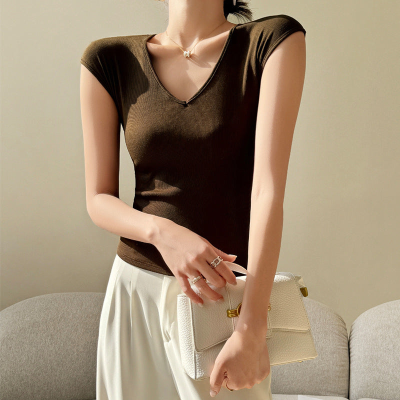 Brown V-Neck Cap Sleeves T-Shirt