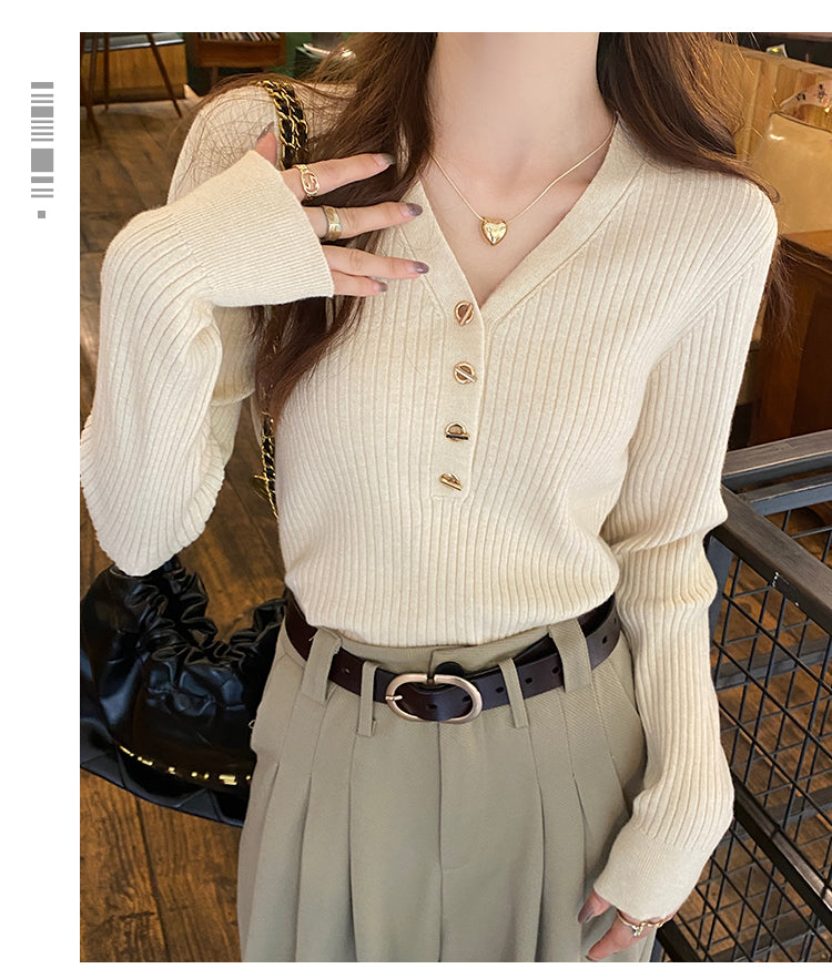 Cream Full Sleeve V Neck Buttoned Fitted Top