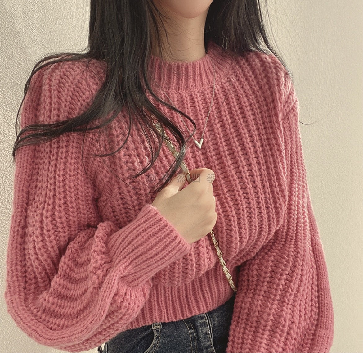 Pink Puff Sleeve High Neck Plain Chunky Sweater