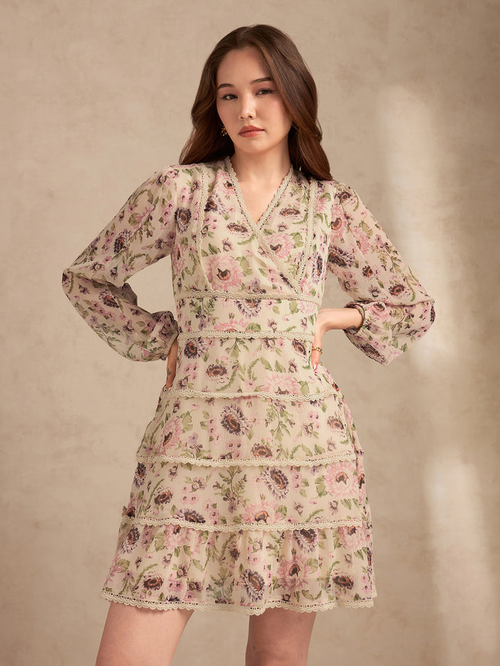 Multi Floral Printed Dress With Lace Detailing