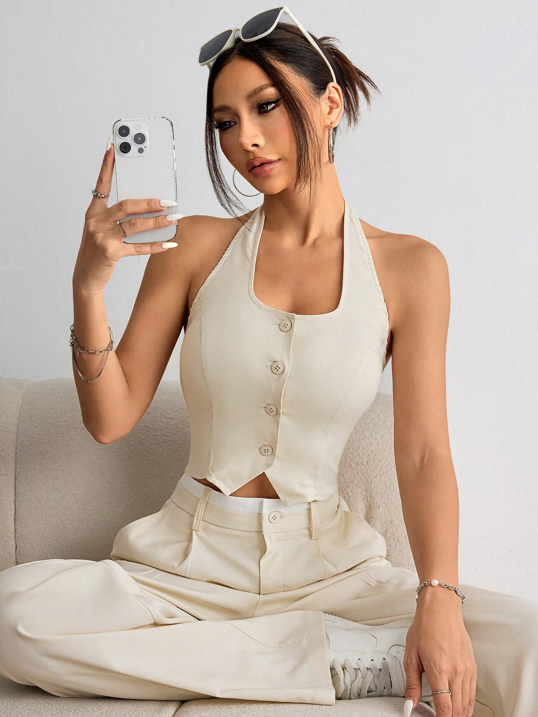 Off White Halter Neck Fitted Vest