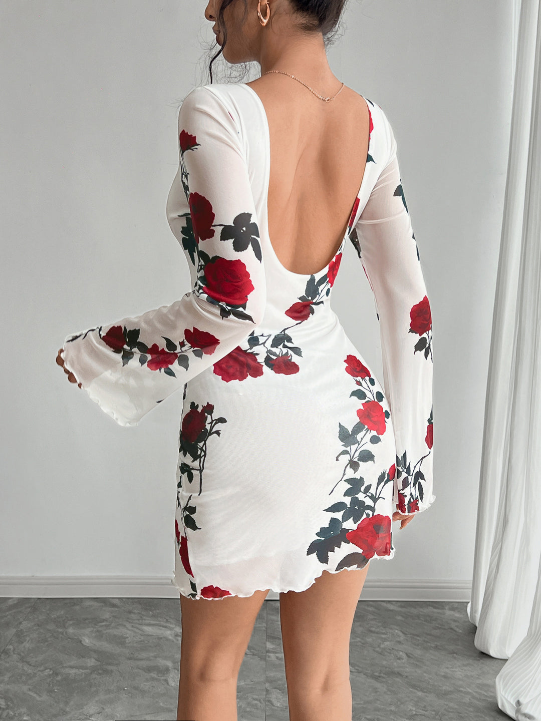 White Bell Sleeve Printed Dress