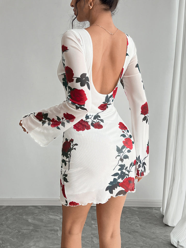White Bell Sleeve Printed Dress