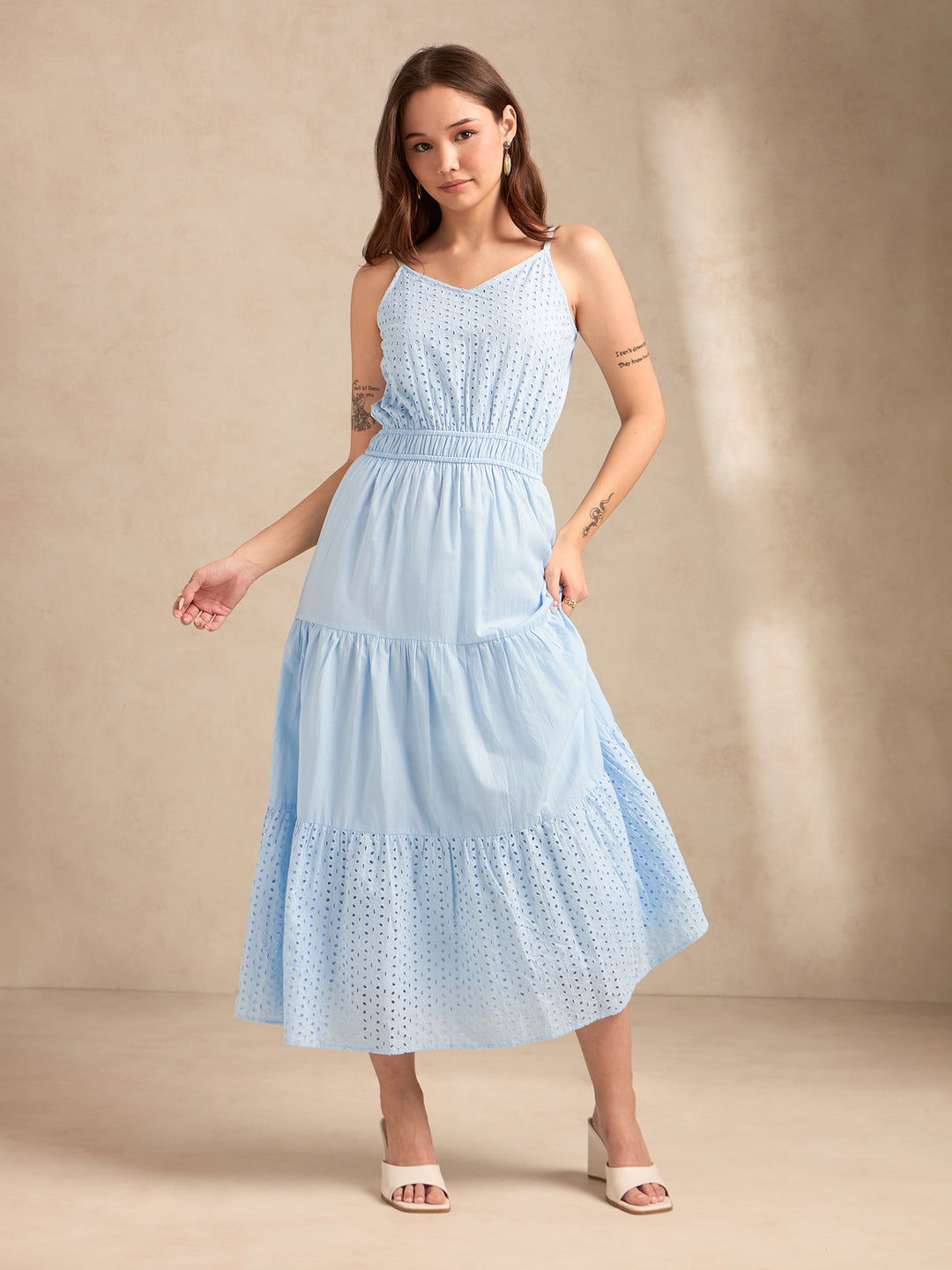 Light Blue Strappy Schiffli Maxi Dress