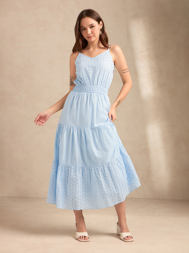 Light Blue Strappy Schiffli Maxi Dress