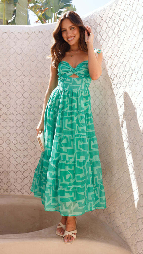 Green Strappy Tie Up Cut Out Maxi Dress