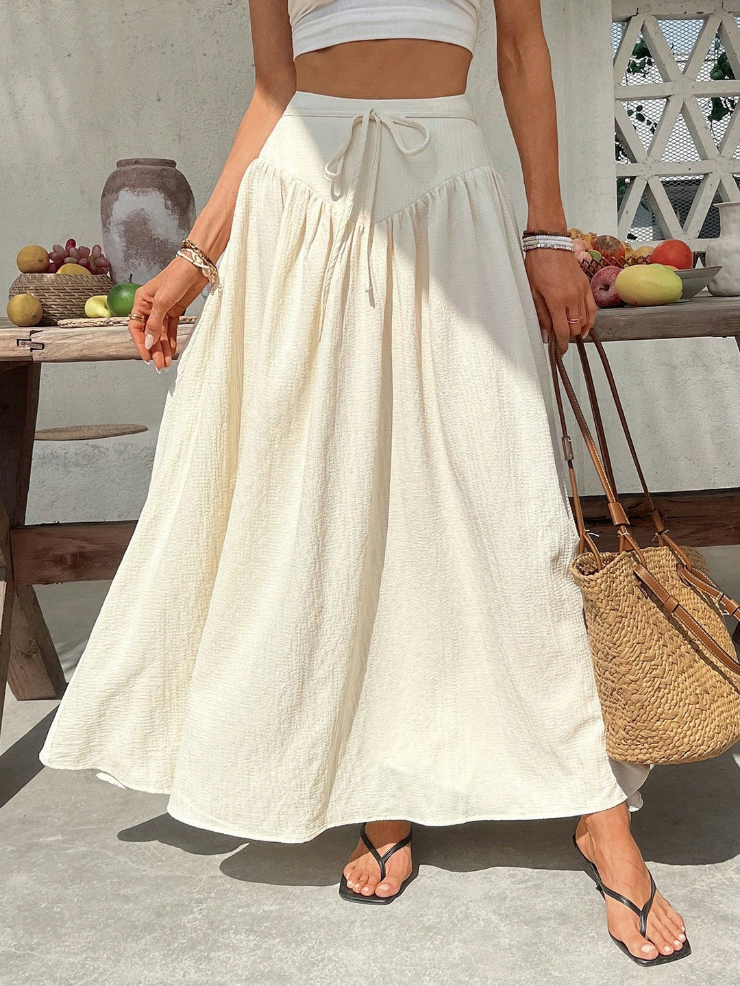 Cream Long High Waisted Flared Skirt