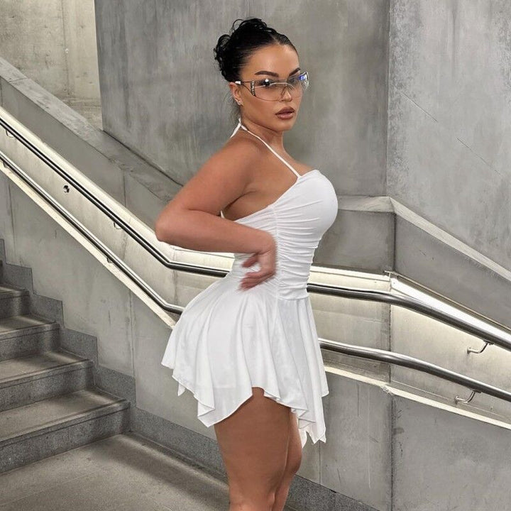 White Shoulder Strap Asymmetrical Backless Dress