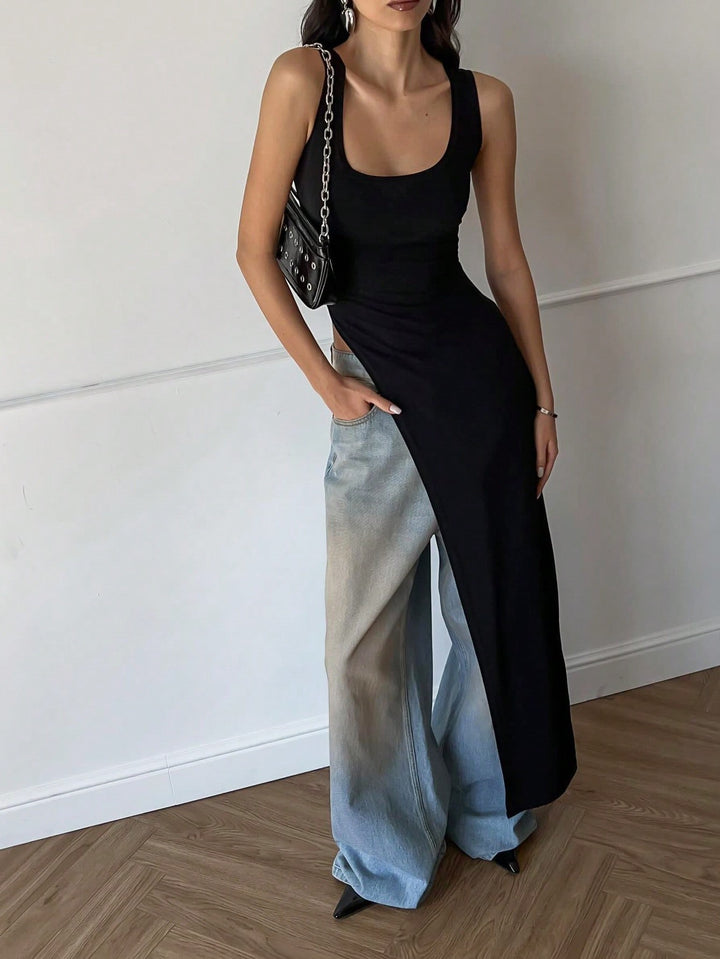 Black Sleeveless U- Neck Asymmetrical Top