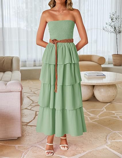 Olive Tube Smoked Dress With Ruffled Layers