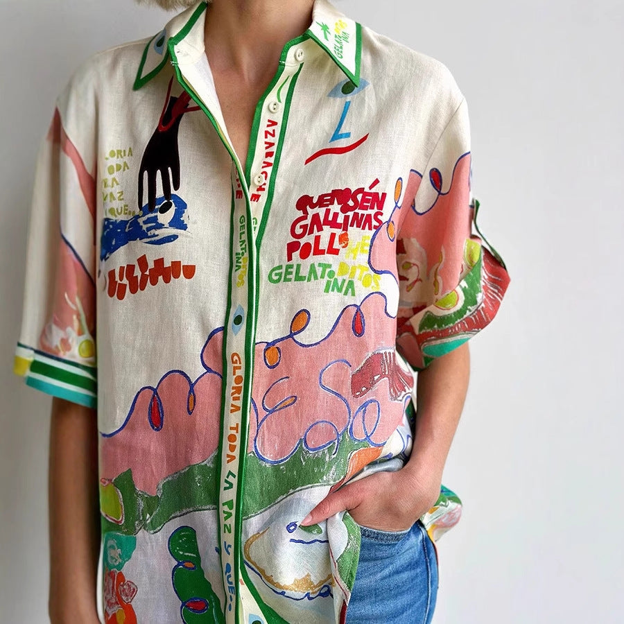 White Abstract Print Short Sleeve Shirt