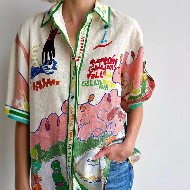 White Abstract Print Short Sleeve Shirt