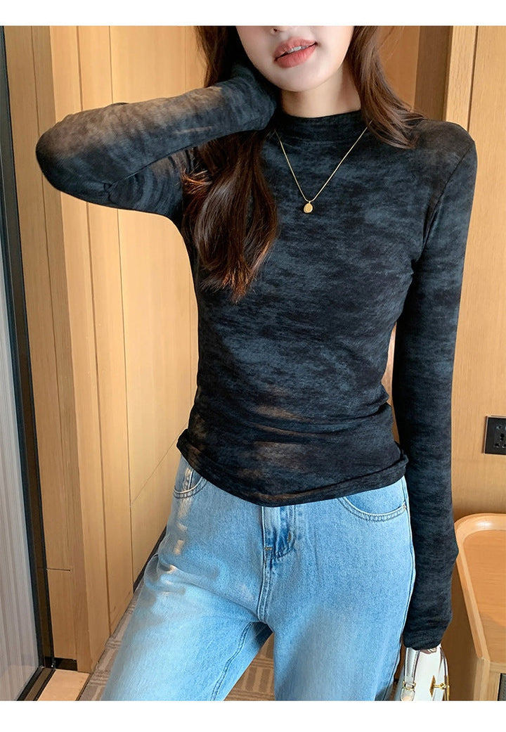 Black Full Sleeve Crew Neck Abstract Printed Fitted Top