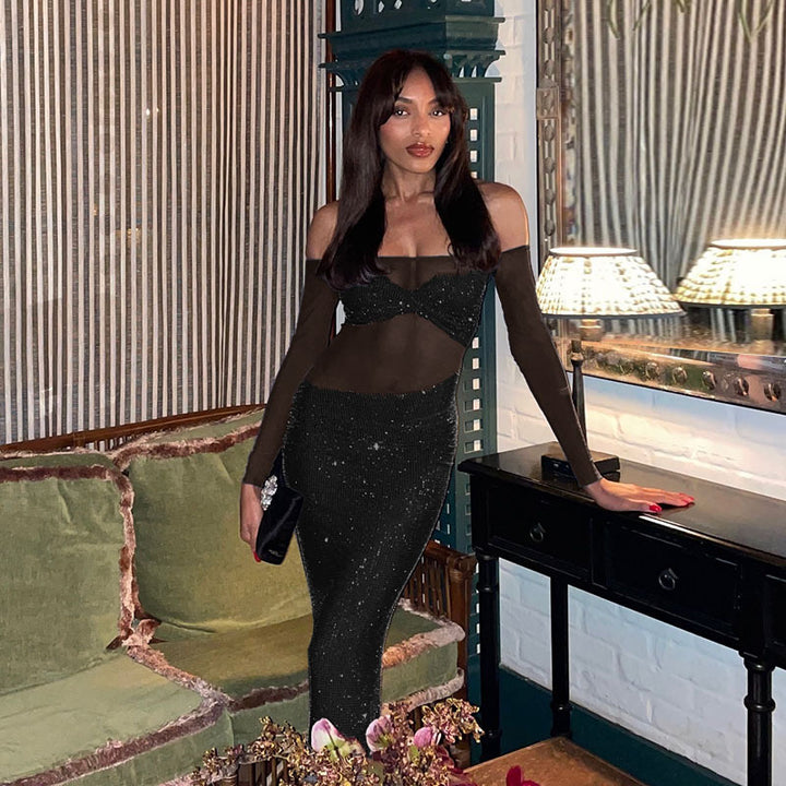 Black Off-Shoulder Sheer Mesh Dress