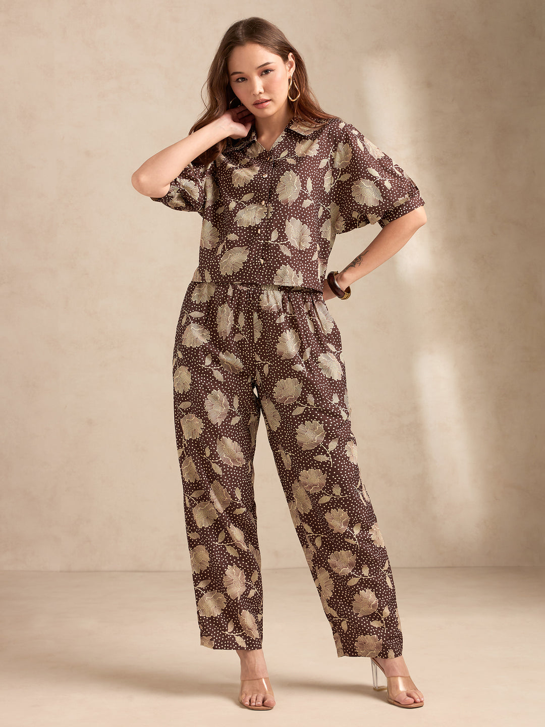 Brown All Over Printed Co-Ord Set With Puff Sleeves