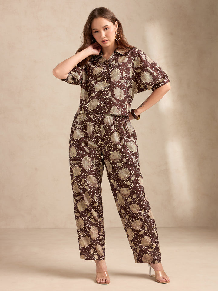 Brown All Over Printed Co-Ord Set With Puff Sleeves