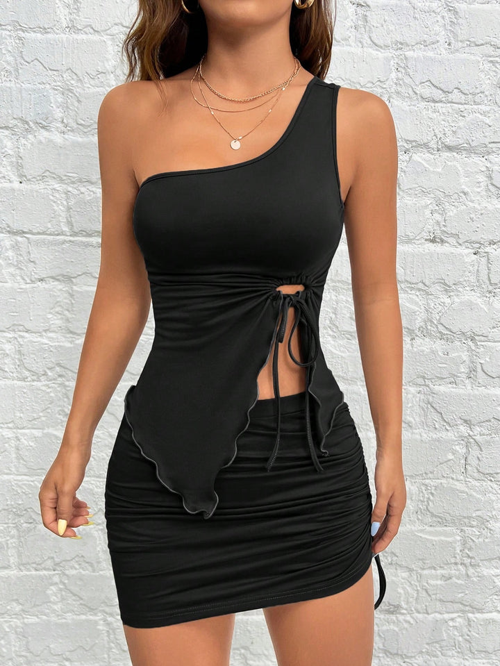 Black One Shoulder Ruched Top & Skirt Set